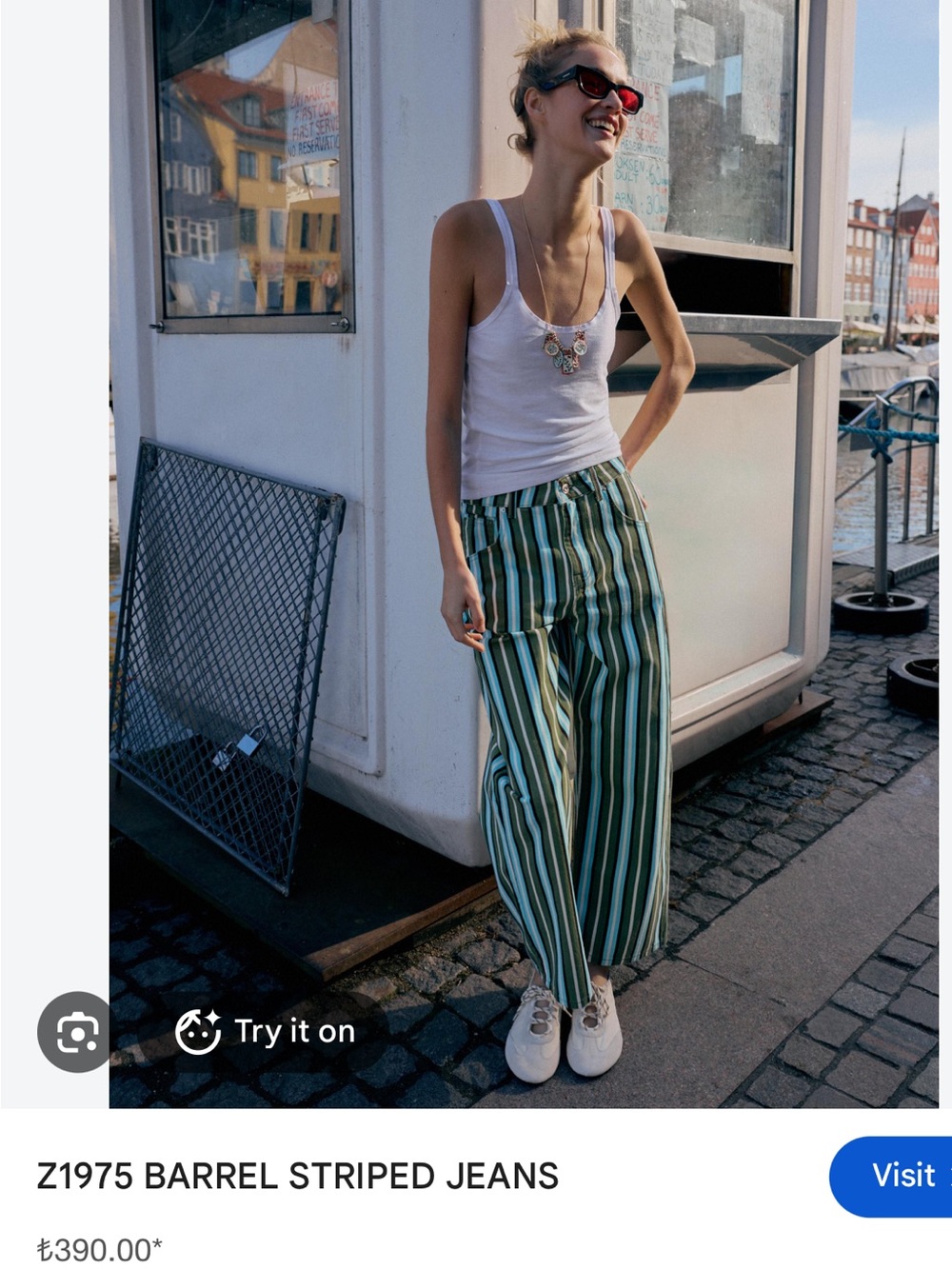 Zara Green and Navy Striped Wide-Leg barrel jeans size 4